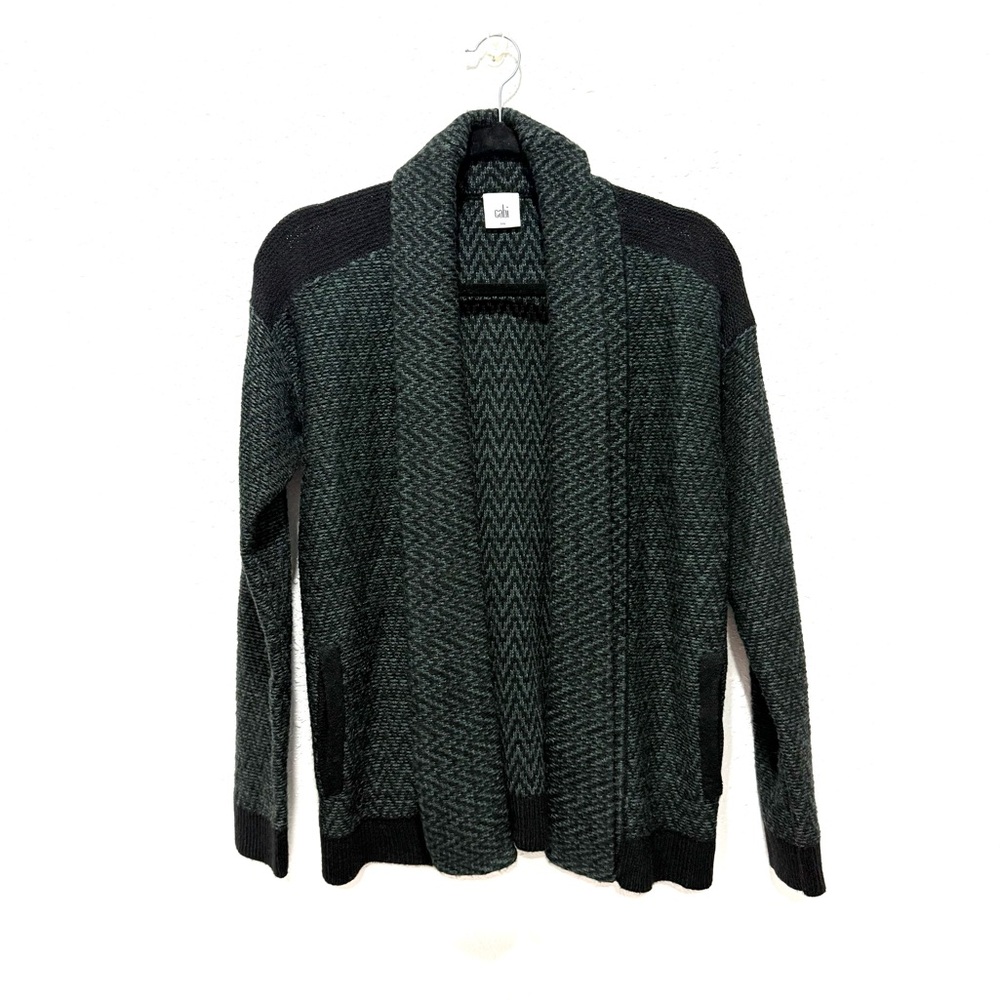 Cabi Fireside green and black chevron knit‎ open cardigan sweater S